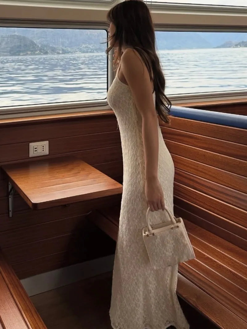 Aiertu  -  French Elegant Mesh Lace Dress Woman White Outfits Summer Spaghetti Strap Backless Fishtail Long Dresses P16-DD40 Aiertu
