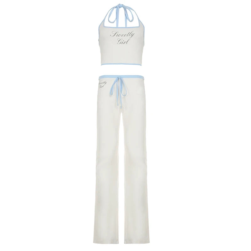 Aiertu  Fashion Patchwork Letter Simple Women’s Set Summer Causal Halter Tops + Long Pants New Trendy Clothes Aiertu