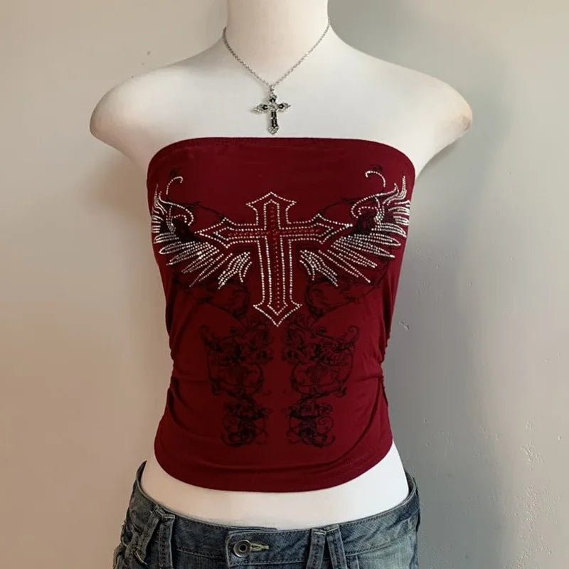 Aiertu  -  Y2K dark personality pattern printed tube top female niche hot girl outside wearing backless slim jacket Aiertu