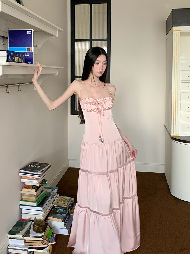 Aiertu  Shirred Lace-Up Tube Top Suspender Dress for Women Hollow Splicing Long Skirt Pink Island Resort Style Satin 1688