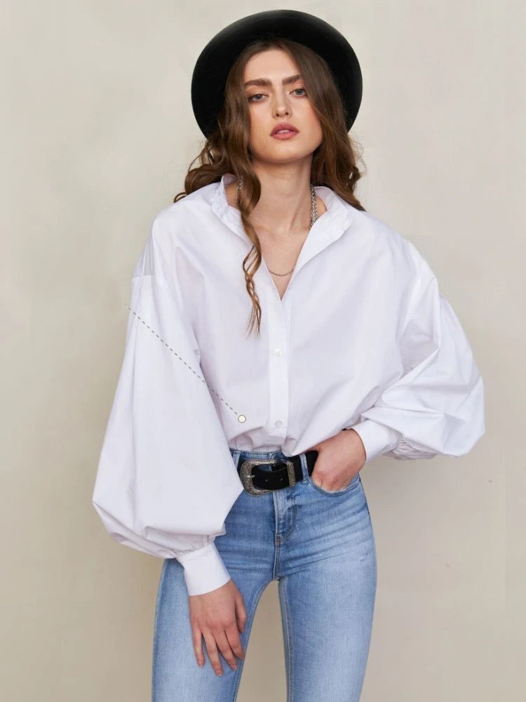 Aiertu  -  Loose O-neck Women Stylish Shirts Spring Summer Lantern Sleeve Single-breasted Female 100% Cotton Blouse Ladies Tops Aiertu