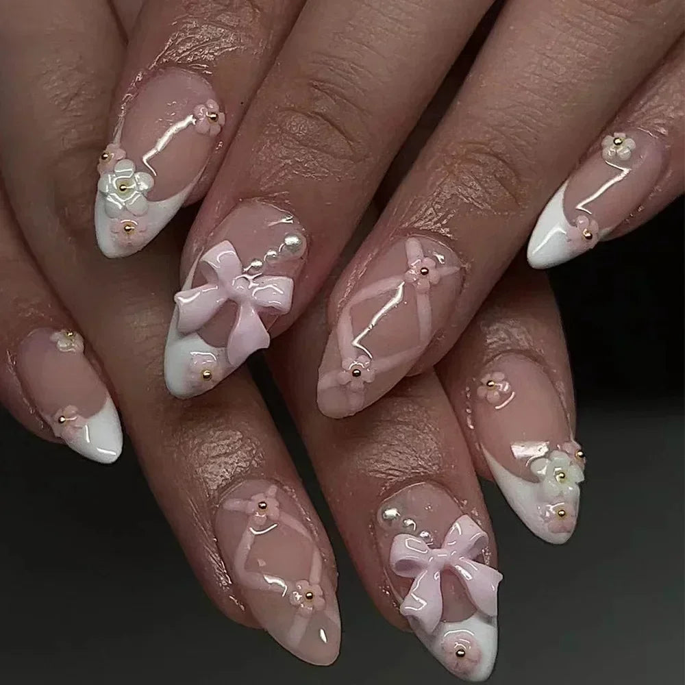 Aiertu 24Pcs Pink Almond French Press on Nails With 3D Bow ripple charms Design Fake Nails Ballerina False Nails Full Cover Nail Tips Aiertu