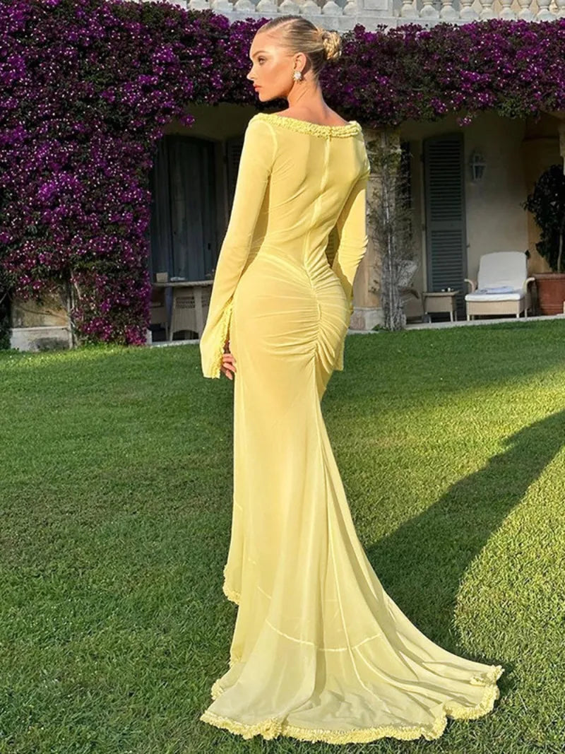 Aiertu  -  Woman Elegant Hollow Out Long Maxi Vacation Dress 2026 Summer V-neck Ruffles See-through Formal Occasion Evening Party Dresses Aiertu