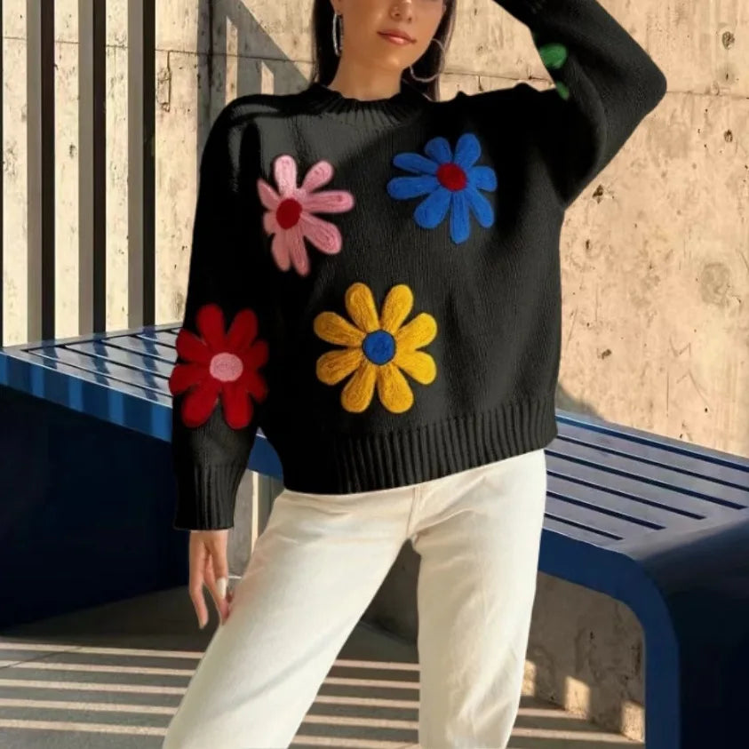 Aiertu  -  Crochet Flower Pullover Knitted Sweater Women's Fashion Loose Lantern Long Sleeve Embroidery Knit Top Streetwear Fashion Aiertu