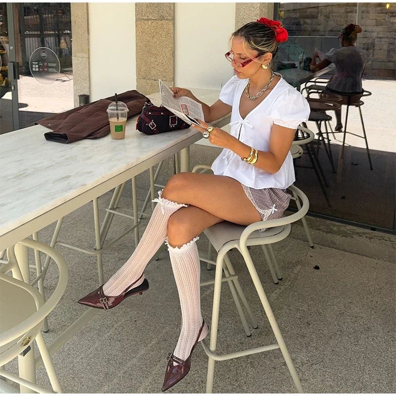Aiertu  -  Elegant White V-neck Lace Up Shirt Women Retro Puffy Short Sleeve Waist-cinching Shirts Female 2025 Spring Chic Street Lady Tops Aiertu