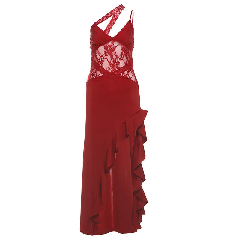 Aiertu  -  Sexy Hollow Out Dress Women Sling Backless Irregular Ruffle Hem Split Dresses Female 2025 Spring Summer Lace Club Bar Lady Robe Aiertu