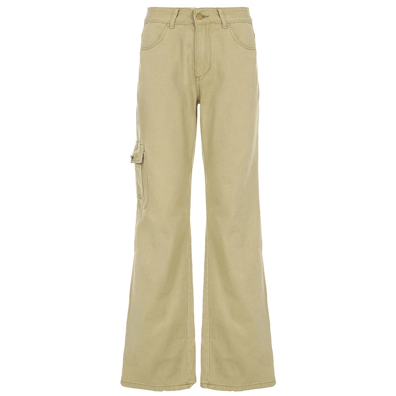 Aiertu  -  Y2K Casual Women Straight Jeans Khaki Fashion Pocket Cargo Pants Retro 90s Loose Denim Trousers Spring High Street Aiertu