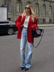 Aiertu  -  Women's Red Suit Temperament Shoulder Pads Loose Coat Collar Pocket Casual Cardigan Fashion Office Ladies Suit Jacket Aiertu