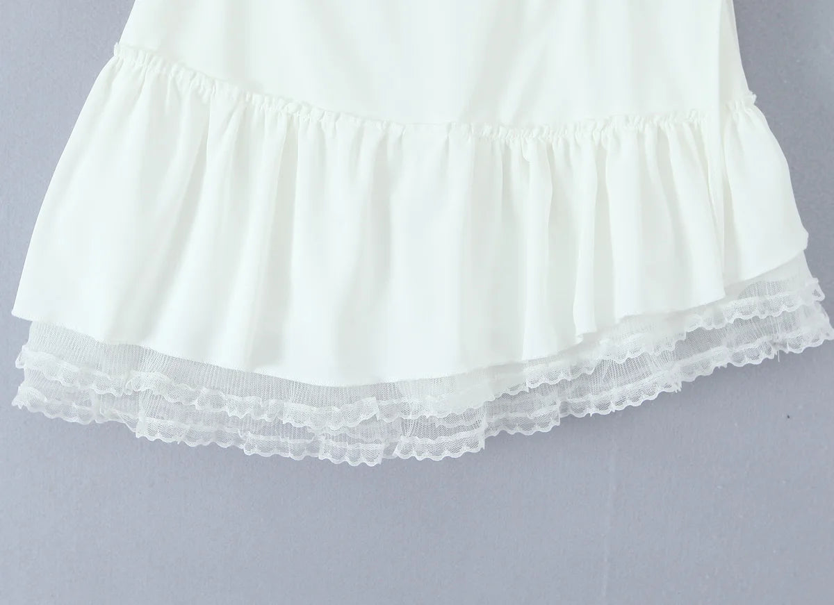 Aiertu  -  Summer White Lace Skirts Women Asymmetrical Skirt Y2k Outfit Solid Double Layered White Mini Skirts With Safety Shorts Lace Trim Aiertu