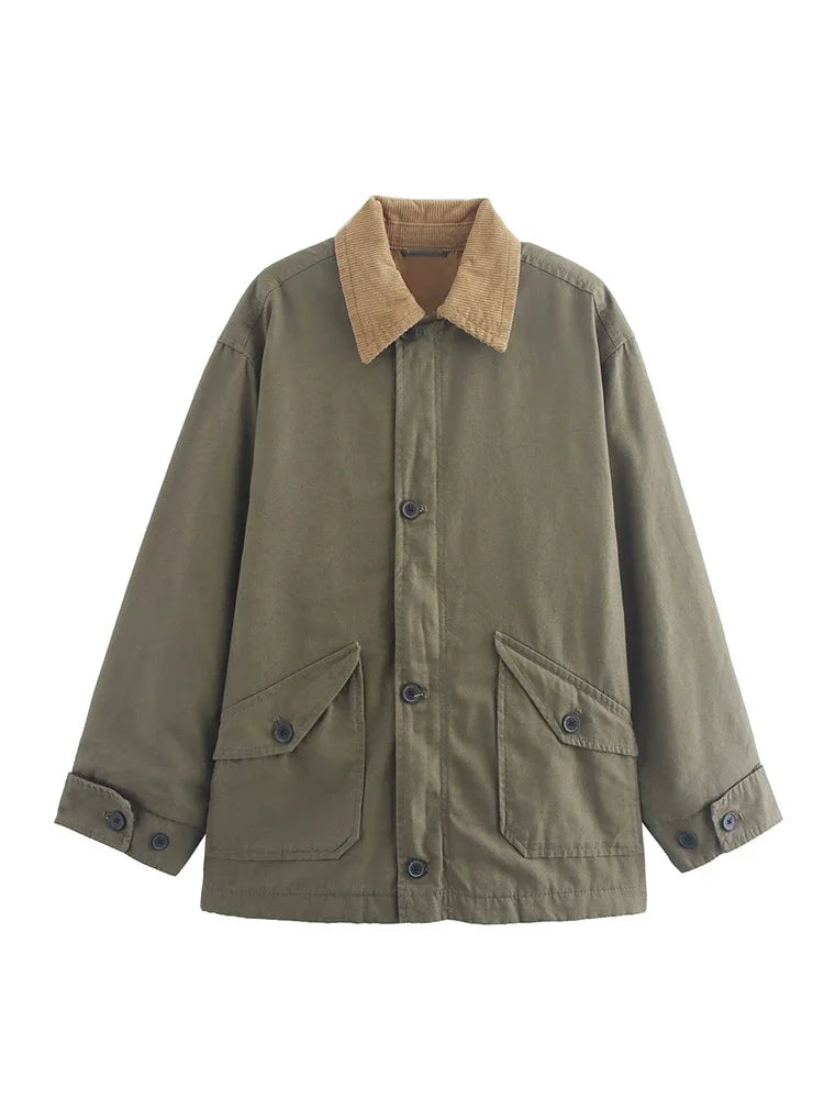 Aiertu  -  New Loose Short Windbreaker Comfortable Canvas Jecket Coat Women Autumn Winter Female Fasion Lapel Pockets High Street Outerwear Aiertu