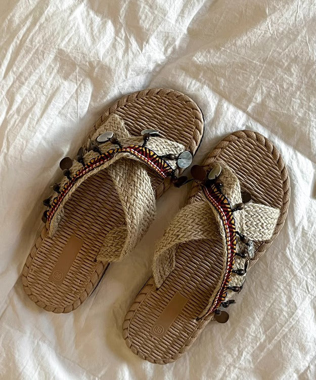 Aiertu  Knit Fabric Boho Splicing Tassel Peep Toe Slide Sandals Aiertu