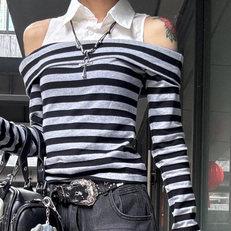 Aiertu  -  Japanese Spring Autumn High Street Spliced Design  Tops Y2k Aesthetic Harajuku Punk Constrast Color Striped Shirts Girl Clothes Aiertu
