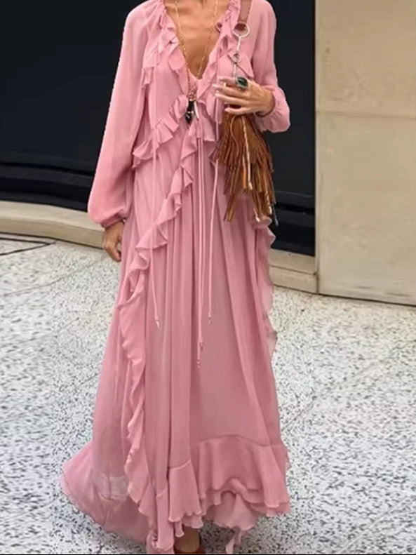 Aiertu  -  Ruffle Lace Deep V-neck Big Swing Long Dress Women Elegant Drawstring High Waist Long Flare Sleeve Holiday Pleated Lady Dresses Aiertu