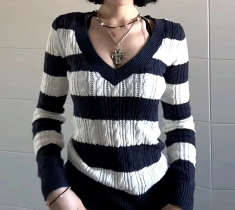 Aiertu  -  High End Blue Whiter Constrast Color Striped V Neck Sweaters Office Lady Harajuku Lazy Base Streetwear Pullovers Women Clothes Aiertu