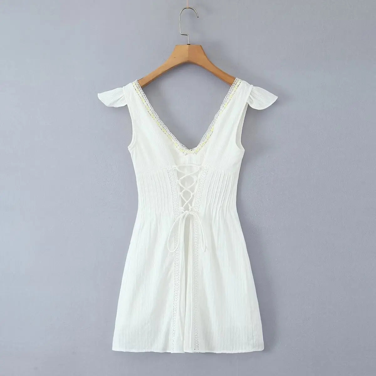 Aiertu  -  Luxury Dresses Women 2025 Summer Short Dress Sexy Frenchy White Lace Mini Dresses V Neck Short Sleeve Dress Back Lace Up Aiertu