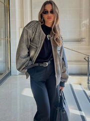 Aiertu  -  Women Casual O Neck Zipper bomber jacket Elegant Lantern Long Sleeves Pocket Short Coat Autumn Lady Commuting Motorcycle Outwear Aiertu
