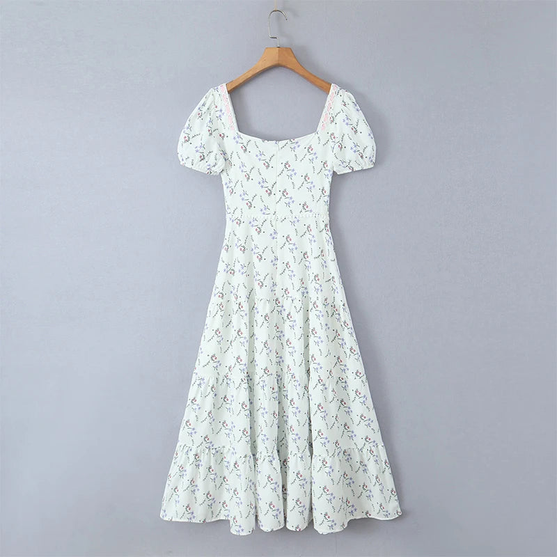 Aiertu  -  Elegant Women Floral Print Holiday Party Long Dresses Vintage Puff Sleeve Square Neck A-line Summer Dress Maxi Robe 2025 Aiertu