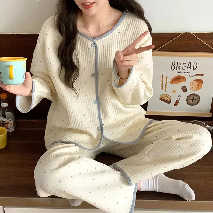 Aiertu  -  Autumn And Winter Air Sandwich Cotton Pajamas Women Cardigan Long Sleeve Trousers New Cartoon Sketch Rabbit Cute Homewear Sets Aiertu