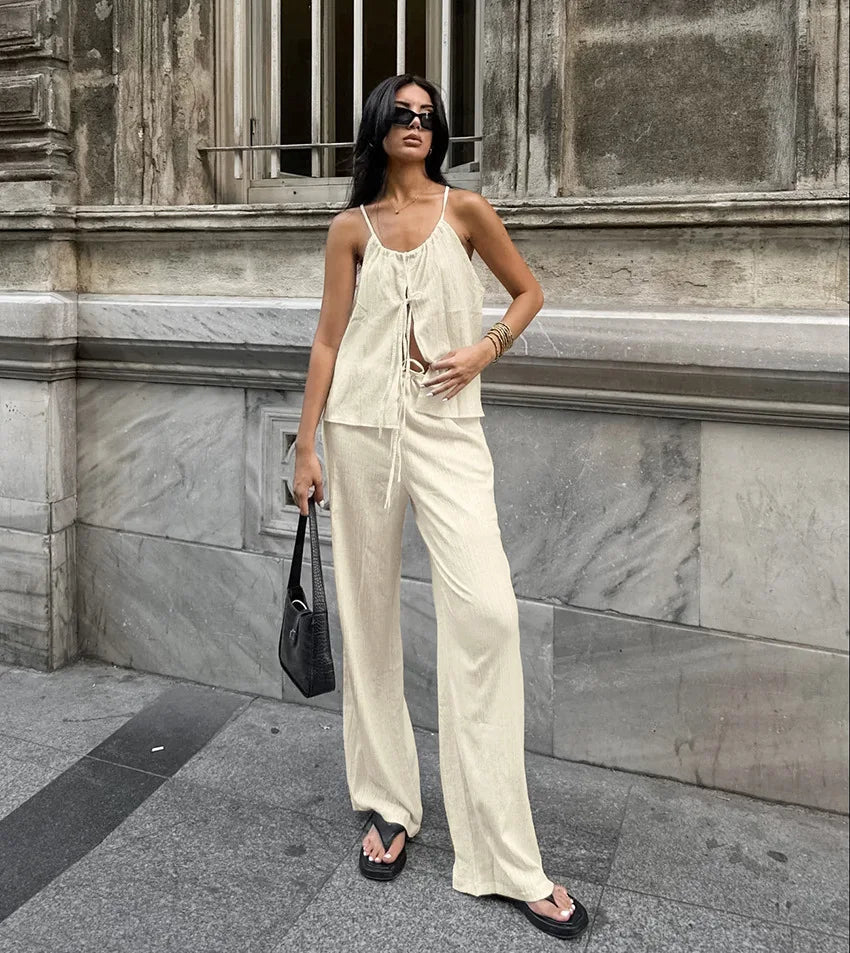 Aiertu  -  Solid Textured Pants Sets Summer Sleeveless Halter Top+Elastic Waist Trouser Suits For Women Elegant Fashion Casual 2 Piece Set Aiertu
