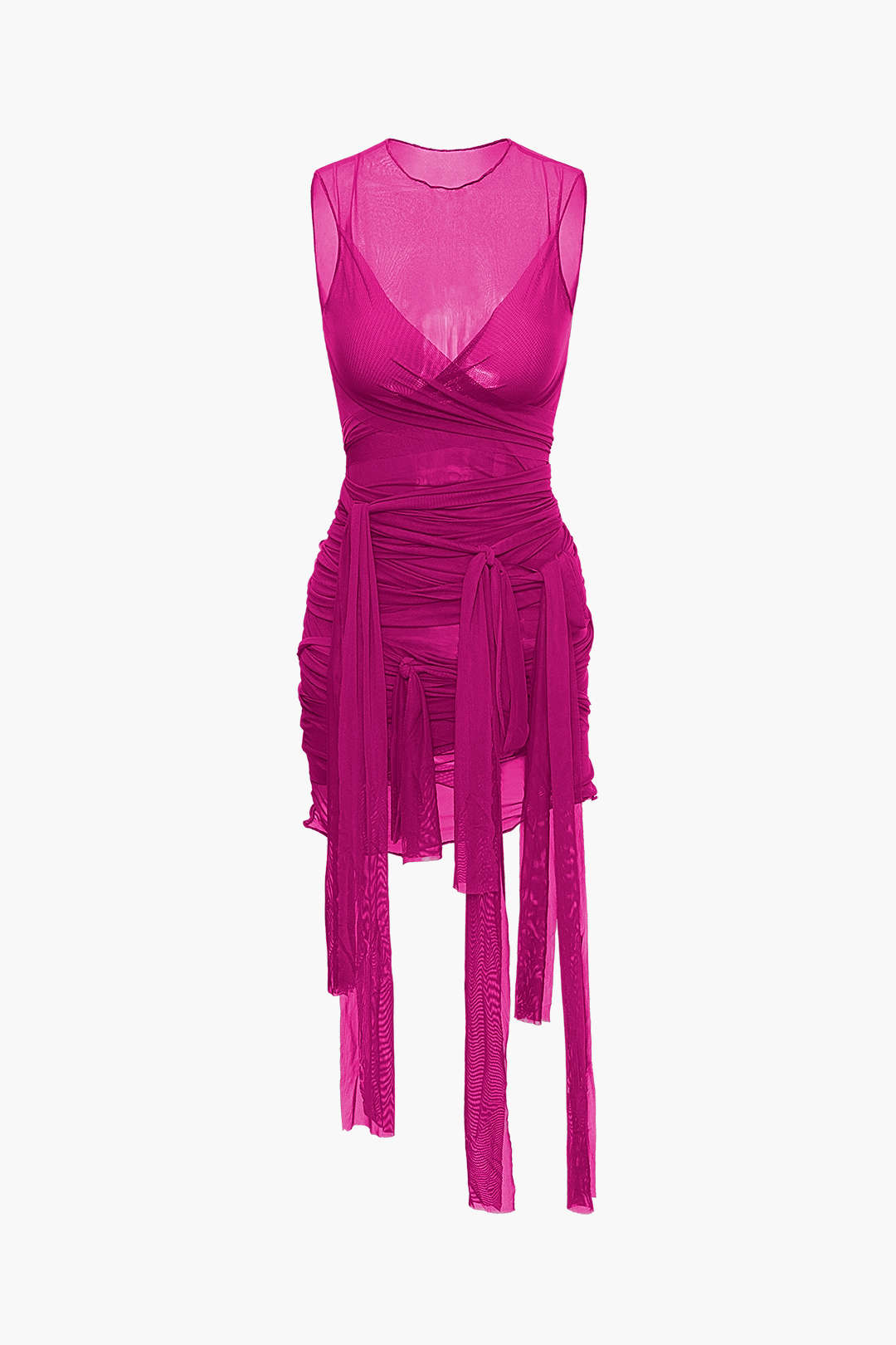 Aiertu  Sheer Mesh Wrap Tie Ribbon Mini Dress Aiertu