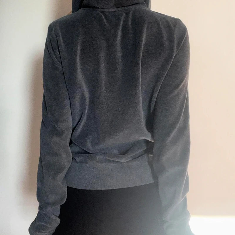 Aiertu  -  casual winter outfits Y2K Graphic Print Zipper Jacket with Hooded Vintage Aesthetic Gray 2000s Women Coat Knitted Outwear Autumn Outfits Aiertu
