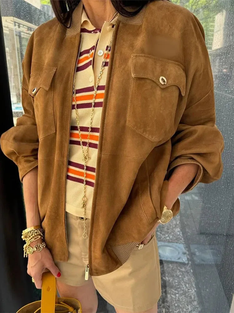 Aiertu     -  Fall Outfits 2026 Fashion Retro Brown Zipper Suede Leather Coat Women Elegant Stand Collar Zipper Pocket Long Sleeve Jacket Autumn Lady Outwear Aiertu
