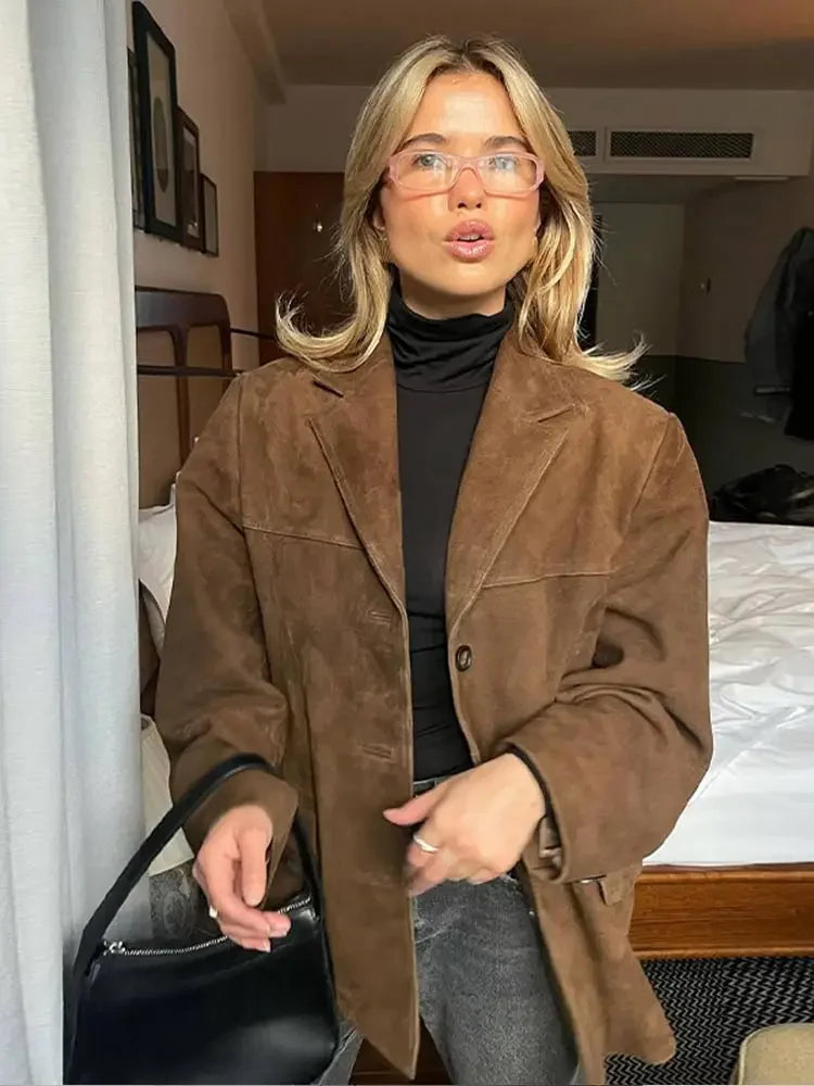 Aiertu  -  Woman Fashion Brown Lapel With Pocket Jacket Vintage Single Breasted Long Sleeve Short Coat Autumn Lady High Street Outerwear Aiertu