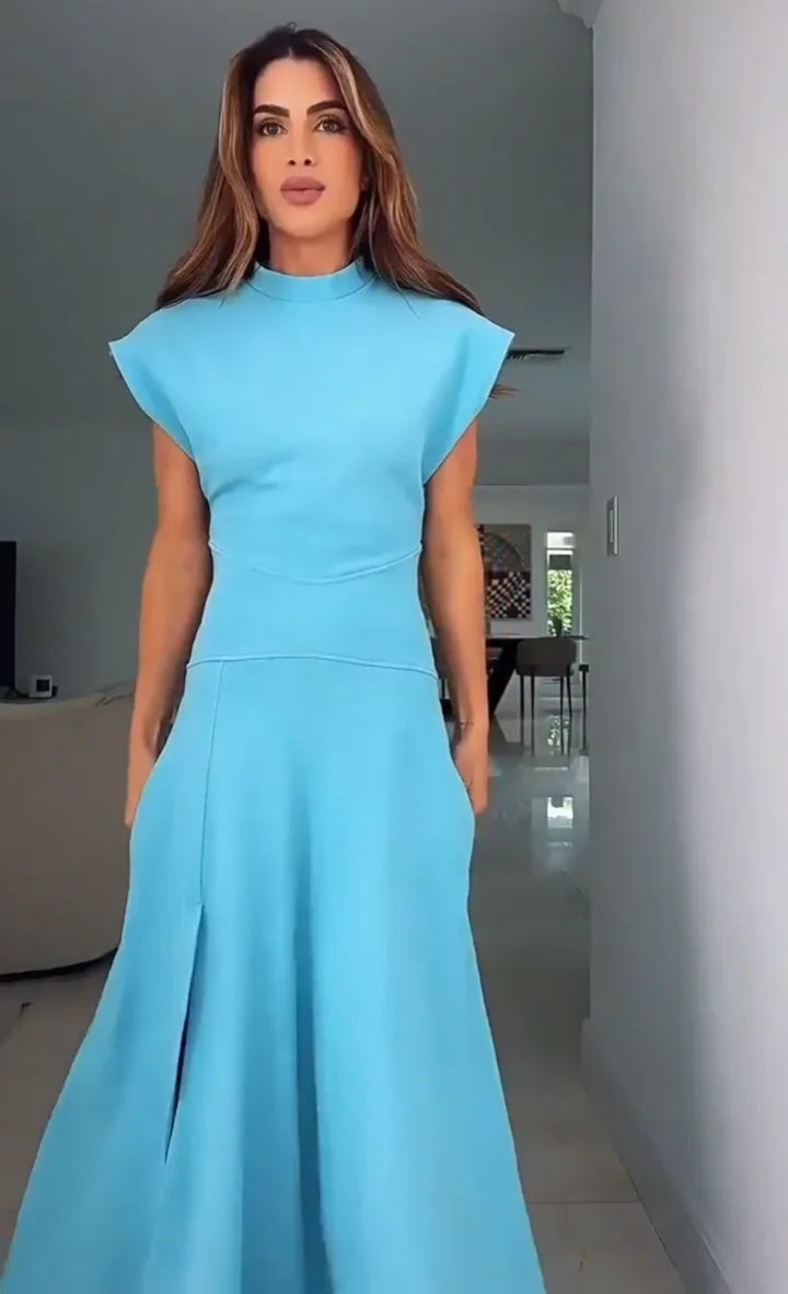 Aiertu  -  Chic Solid Pocket High Split Maxi Dress for Women Casual O-neck Zip-up Elegant Dress Summer Holiday Party Evening Dress Woman Aiertu