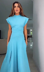 Aiertu  -  Chic Solid Pocket High Split Maxi Dress for Women Casual O-neck Zip-up Elegant Dress Summer Holiday Party Evening Dress Woman Aiertu
