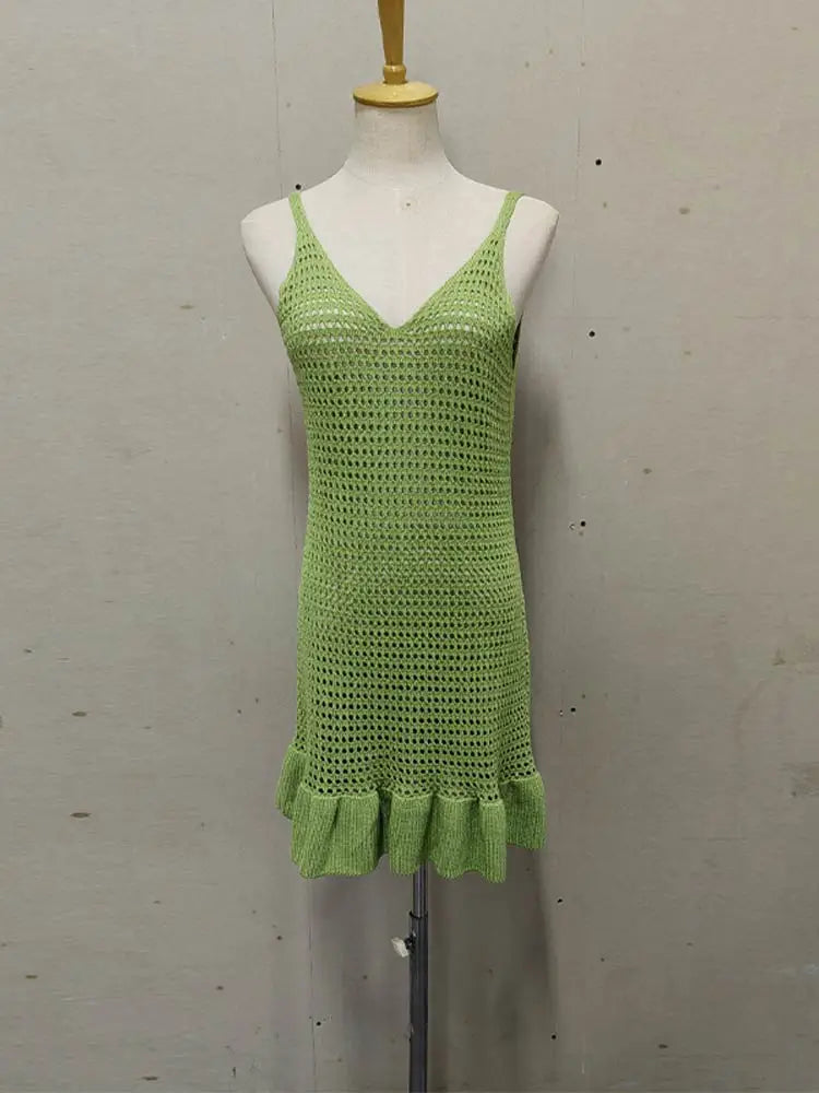 Aiertu  -  Casual Knit Hollow Out Dress Women V-neck Sling Sleeveless Backless Ruffle Hem Mini Dresses Female 2025 Spring Summer Lady Gown Aiertu