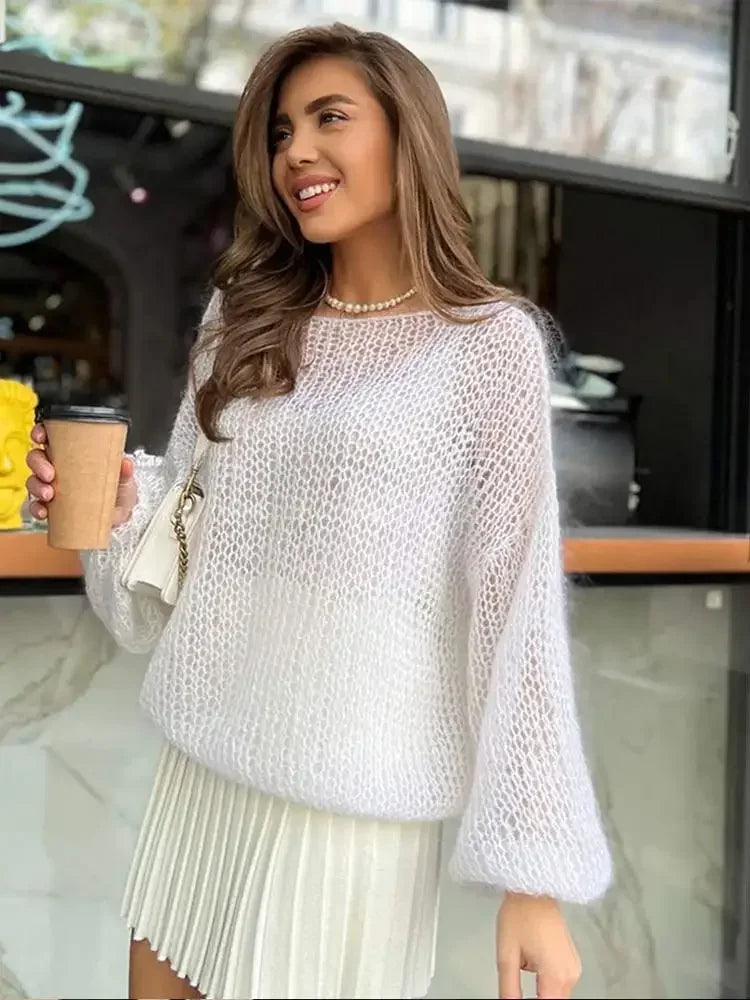 Aiertu  -  Fashion Women Purple Cut Out See Through Loose Knitwear Fashion O Neck Lantern Long Sleeves Pullover Casual Lady Street Jumper Aiertu