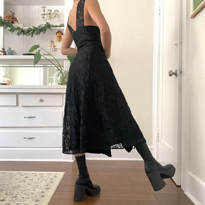 Aiertu - Lace Button Front Black Maxi Dress Aiertu