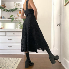 Aiertu - Lace Button Front Black Maxi Dress Aiertu