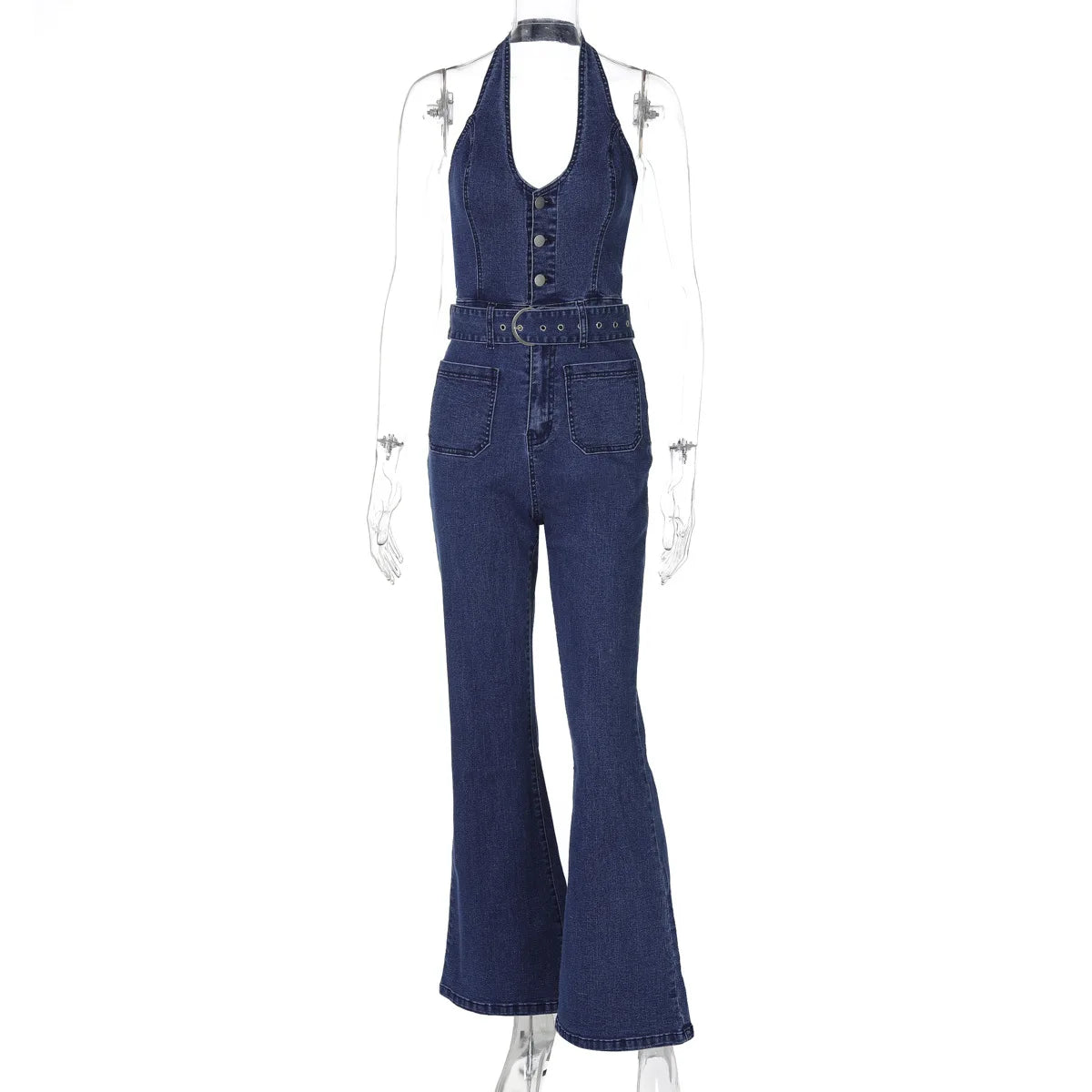 Aiertu  -  Halter Slim Denim Jumpsuits For Women Sleeveless High Waist Streetwear Backless Lady Fashion Sexy Plunge Rompers Outfits Aiertu