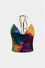 Aiertu  Ombre Print Satin Tie Up Zipper Cami Top Aiertu