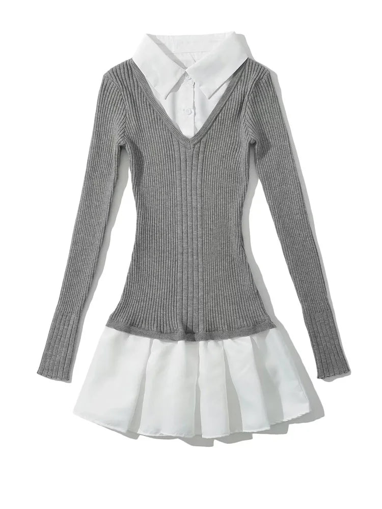 Aiertu  -  Fashion Knit Slim Mini Dress Women Ribbed Lapel 2 Piece-Set Decoration Patchwork Party Dress Knitwear Female Spring Dress Aiertu