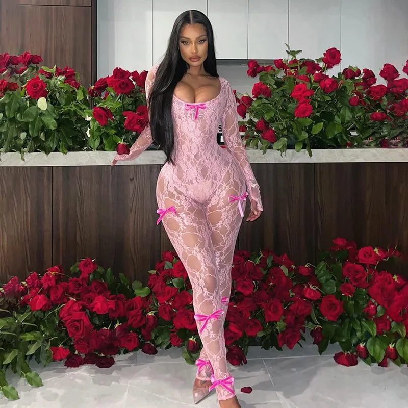Aiertu  -  See Through Mesh Sexy Jumpsuit Women Bow Splice Long Sleeve Bodycon One Piece Hot Girl Party Sexy Club Overalls For Woman Aiertu