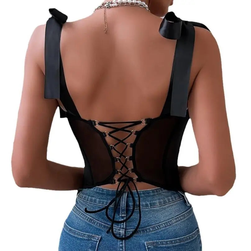 Aiertu  -   party look snspos Glitter Splicing Lace Lace Corset Women Fashion Bazaar Fishbone Halter Top Can Be Worn Outside Camisole Vest Aiertu