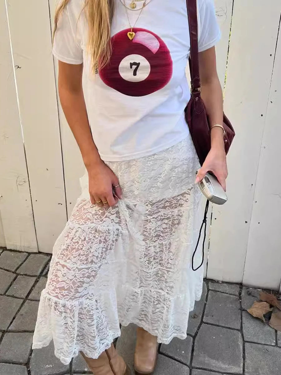 Aiertu  -  Lace Jacquard Long Skirt Women Summer Elegant Elastic Waist Sheer White Maxi Skirts Streetwear Fashion Casual Sexy A-line Skirt Aiertu