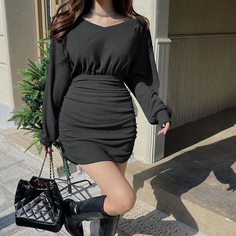 Aiertu - Split Long Sleeve Knit Mini Dress Aiertu