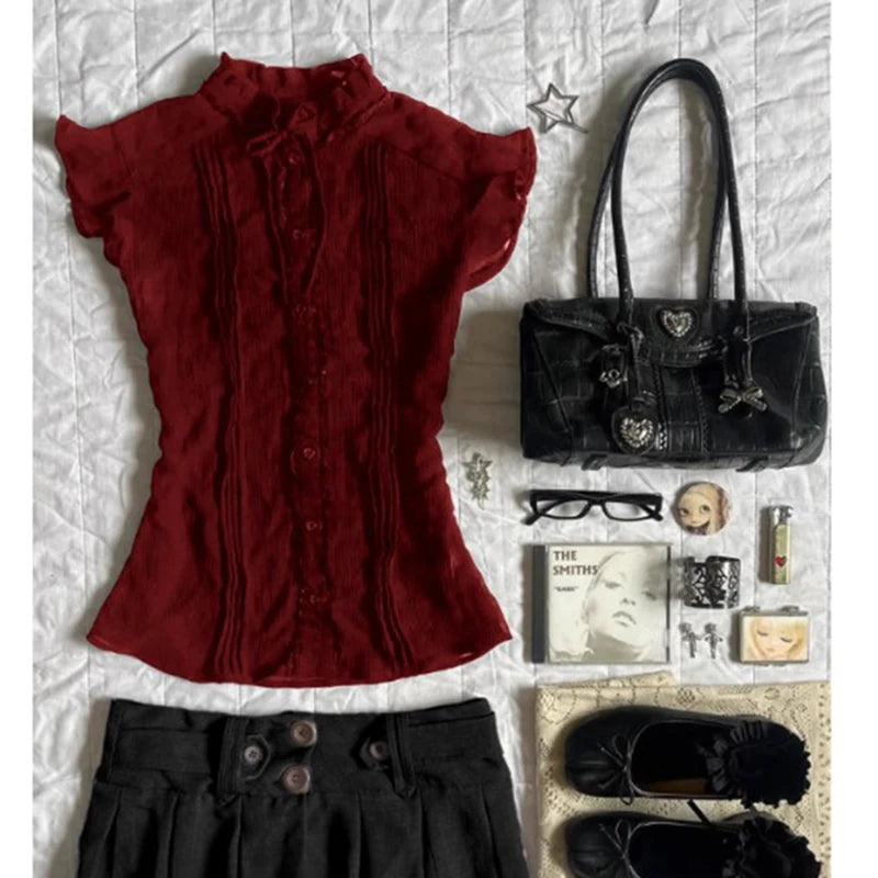 Aiertu  -  Vintage Shirts Women Harajuku Aesthetic Ruffles Lace Up Blouses Summer Ladies Korean Stand Flying Short Sleeve Design Tops Aiertu