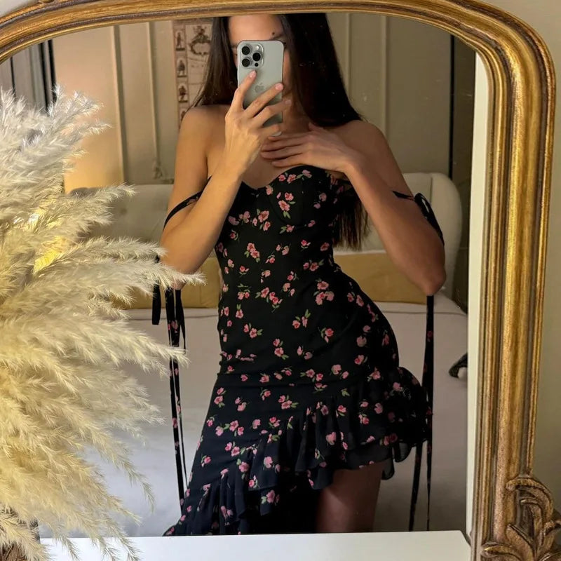 Aiertu  -  Hot Selling Women's Summer New Product Fashionable Printed Sexy Mesh Lace Lace Up Dress Aiertu