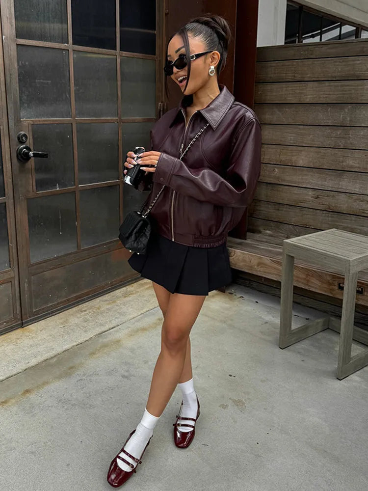 Aiertu  -  Chic Faux-leather Bomber Jacket Warm Lapel Long Sleeves Zipper Crop Coats 2026 Autumn Fashion Lady Commuting Street Overcoat Aiertu
