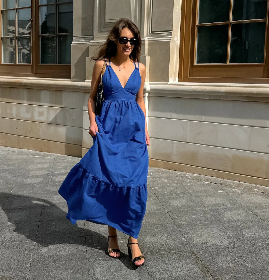 Aiertu  -  2025 New Blue Casual Long Dress Women Sexy V Neck Sleeveless Backless Maxi Dresses Summer Elegant Fashion Female A-line Vestidos Aiertu