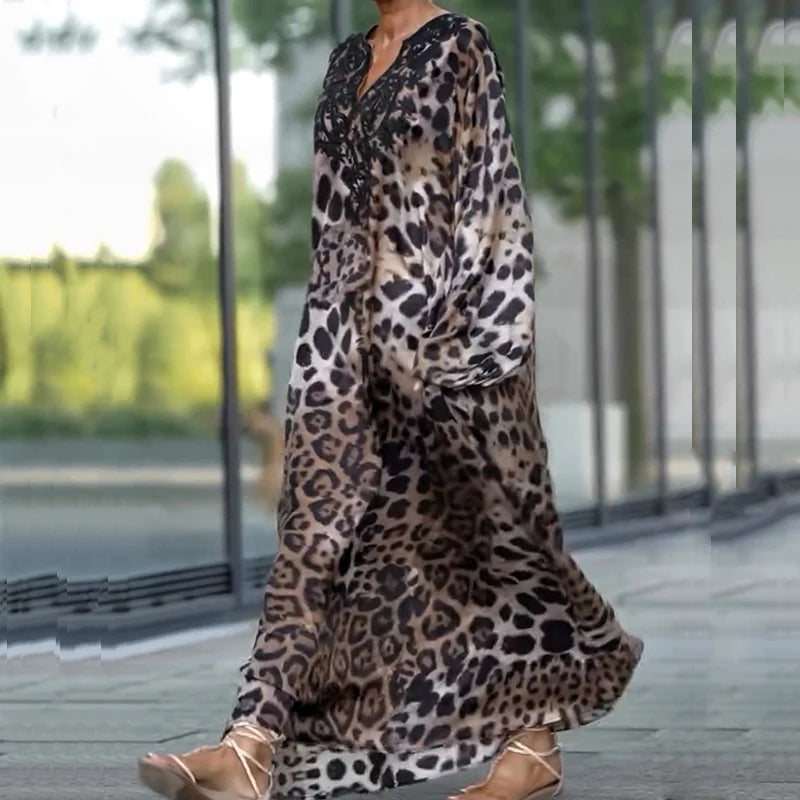 Aiertu  -  Elegant V-neck Leopard Print Loose Party Dress Women Casual Lantern Long Sleeve Long Dress 2026 Fashion Pleated Bohemian Dresses Aiertu