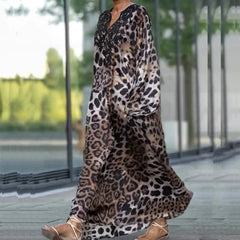 Aiertu  -  Elegant V-neck Leopard Print Loose Party Dress Women Casual Lantern Long Sleeve Long Dress 2026 Fashion Pleated Bohemian Dresses Aiertu