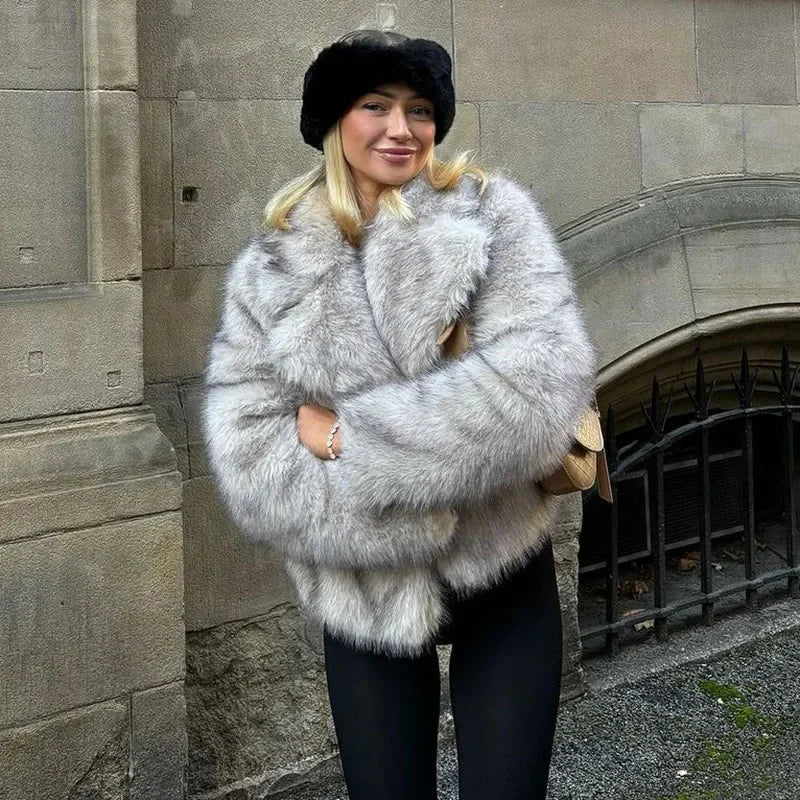 PICSGIRL  -  Elegant Solid Faux Fur Women Coat Full Sleeve Loose Lapel Lady Jacket Fashion Autumn Winter Warm Thicken Female Outwear Aiertu