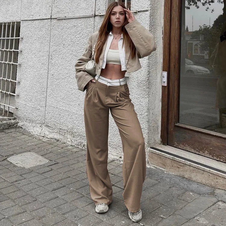 Aiertu  -  Elegant Loose Gray Office Ladies Pants Fashion High Waist Straight OL Trousers Chic Spliced Full Length Women Pants Aiertu