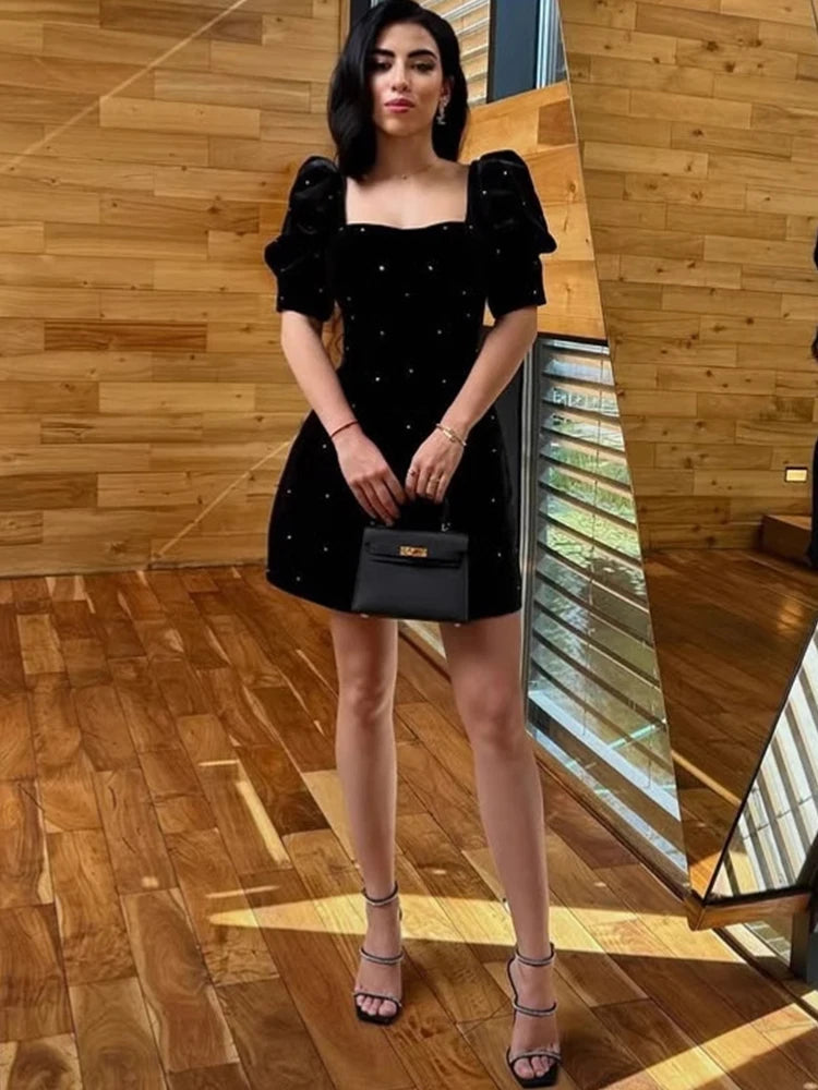 Aiertu  -  Elegant Shiny Rhinestones Velvet Prom Dress Women Square Collar Slim Lantern Sleeve Mini Dress Female Lady Evening Party Gown Aiertu
