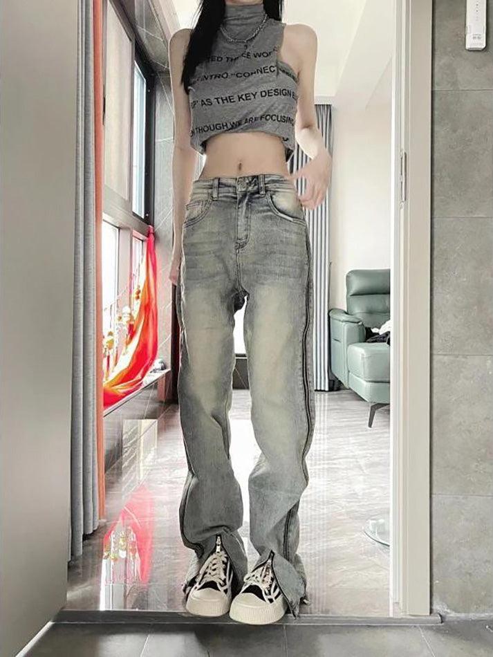 Aiertu  Low Rise Washed Straight-Fit Slit Wide-Leg Jeans Aiertu